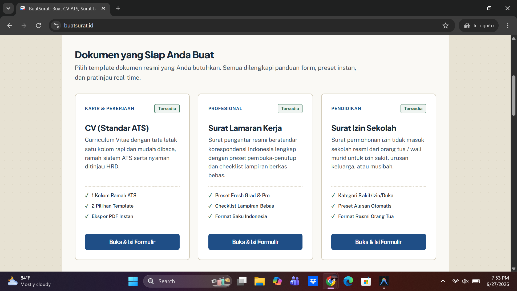 Katalog pilihan template dokumen BuatSurat