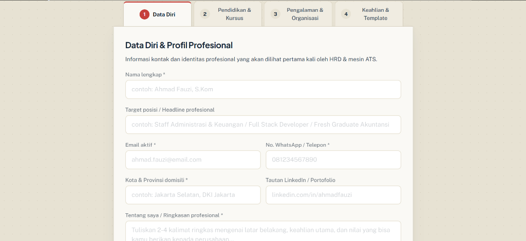 Formulir wizard pengisian data diri CV ATS