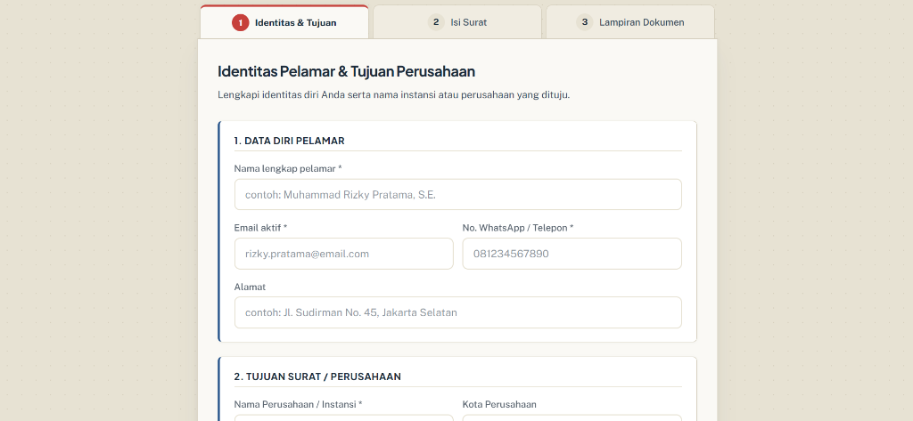 Formulir identitas pelamar dan tujuan surat lamaran kerja