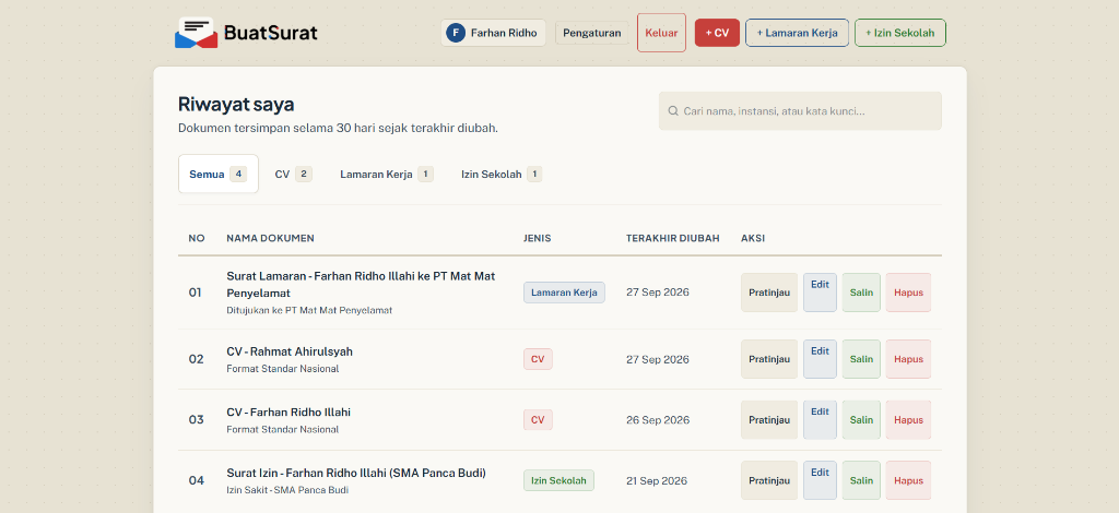 Dashboard riwayat dokumen tersimpan pengguna