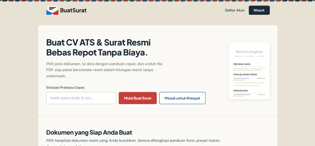 Halaman beranda BuatSurat Generator CV ATS & Surat Lainnya
